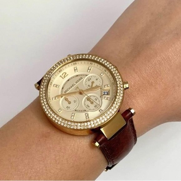 NIB - MICHAEL KORS Watch Gold tone, Brown Leather Strap with Crystals - Picture 2 of 9